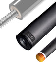 The image shows a pool cue shaft. There are three sections of the cue shaft displayed, each with a different view. The top part shows the threaded end of the shaft, which is designed to be attached to the cue butt. The middle part of the image shows the shaft in full, featuring a sleek black design with the logo "REVO" near the base. The bottom part shows the tip of the shaft, which is colored yellow, indicating the area of impact with the cue ball. The background is white, highlighting the product.