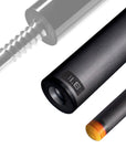 The image shows a pool cue shaft. There are three sections of the cue shaft displayed, each with a different view. The top part shows the threaded end of the shaft, which is designed to be attached to the cue butt. The middle part of the image shows the shaft in full, featuring a sleek black design with the logo "REVO" near the base. The bottom part shows the tip of the shaft, which is colored yellow, indicating the area of impact with the cue ball. The background is white, highlighting the product.