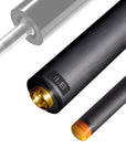 The image shows a pool cue shaft. There are three sections of the cue shaft displayed, each with a different view. The top part shows the threaded end of the shaft, which is designed to be attached to the cue butt. The middle part of the image shows the shaft in full, featuring a sleek black design with the logo "REVO" near the base. The bottom part shows the tip of the shaft, which is colored yellow, indicating the area of impact with the cue ball. The background is white, highlighting the product.