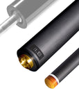 The image shows a pool cue shaft. There are three sections of the cue shaft displayed, each with a different view. The top part shows the threaded end of the shaft, which is designed to be attached to the cue butt. The middle part of the image shows the shaft in full, featuring a sleek black design with the logo "REVO" near the base. The bottom part shows the tip of the shaft, which is colored yellow, indicating the area of impact with the cue ball. The background is white, highlighting the product.