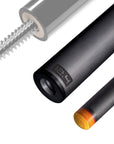 The image shows a pool cue shaft. There are three sections of the cue shaft displayed, each with a different view. The top part shows the threaded end of the shaft, which is designed to be attached to the cue butt. The middle part of the image shows the shaft in full, featuring a sleek black design with the logo "REVO" near the base. The bottom part shows the tip of the shaft, which is colored yellow, indicating the area of impact with the cue ball. The background is white, highlighting the product.