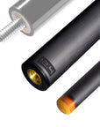 The image shows a pool cue shaft. There are three sections of the cue shaft displayed, each with a different view. The top part shows the threaded end of the shaft, which is designed to be attached to the cue butt. The middle part of the image shows the shaft in full, featuring a sleek black design with the logo "REVO" near the base. The bottom part shows the tip of the shaft, which is colored yellow, indicating the area of impact with the cue ball. The background is white, highlighting the product.