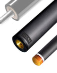 The image shows a pool cue shaft. There are three sections of the cue shaft displayed, each with a different view. The top part shows the threaded end of the shaft, which is designed to be attached to the cue butt. The middle part of the image shows the shaft in full, featuring a sleek black design with the logo "REVO" near the base. The bottom part shows the tip of the shaft, which is colored yellow, indicating the area of impact with the cue ball. The background is white, highlighting the product.