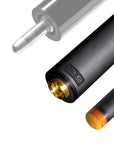 The image shows a pool cue shaft. There are three sections of the cue shaft displayed, each with a different view. The top part shows the threaded end of the shaft, which is designed to be attached to the cue butt. The middle part of the image shows the shaft in full, featuring a sleek black design with the logo "REVO" near the base. The bottom part shows the tip of the shaft, which is colored yellow, indicating the area of impact with the cue ball. The background is white, highlighting the product.