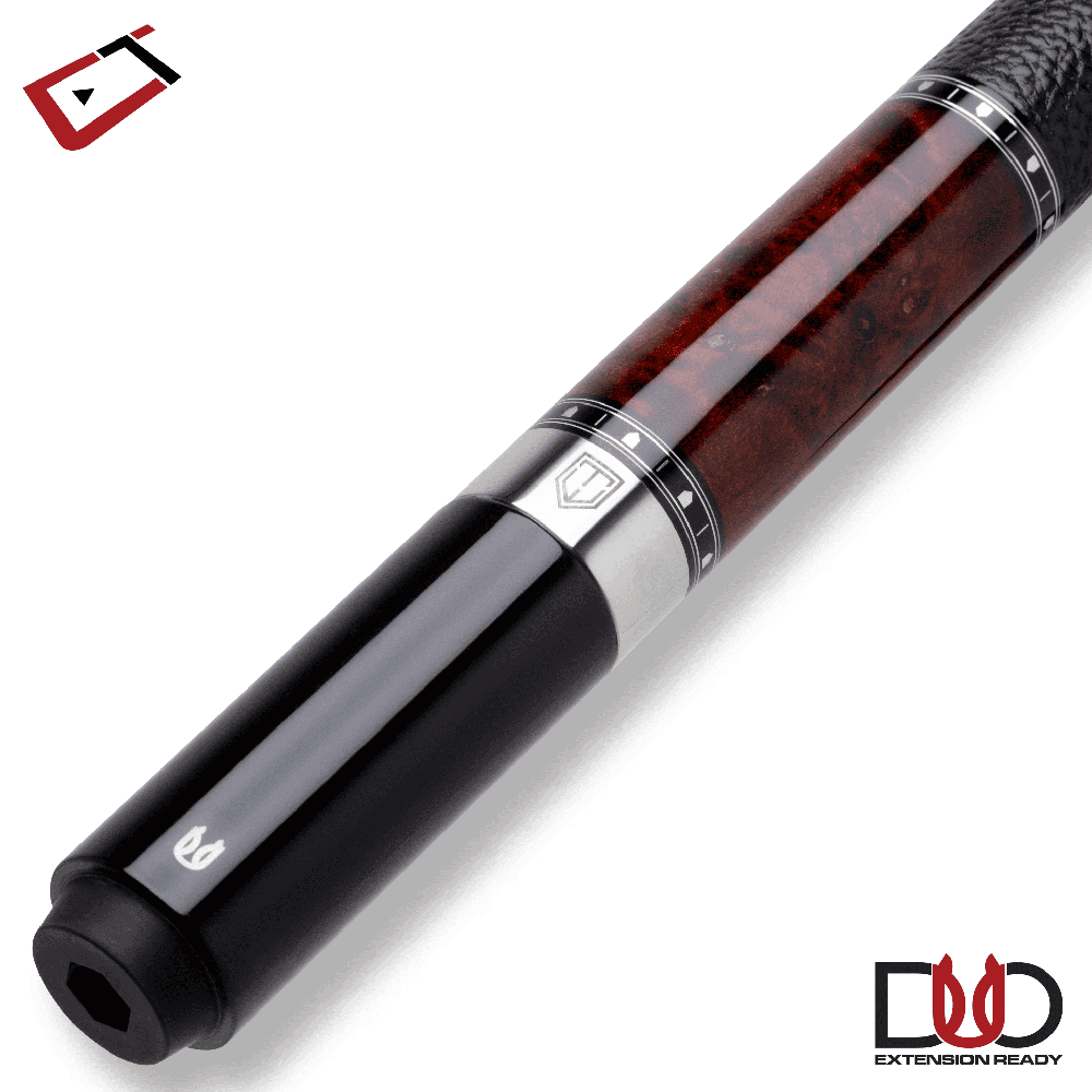 CUETEC CYNERGY TRUEWOOD MAPPA BURL II RED/BLACK FULL-GRAIN LEATHER WRAP 12.5MM 19OZ
