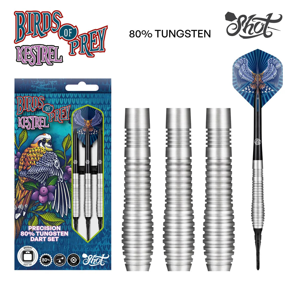 FLÉCHETTES SHOT BIRDS OF PREY KESTREL EMBOUT SOUPLE - BARREAUX EN TUNGSTÈNE À 80%