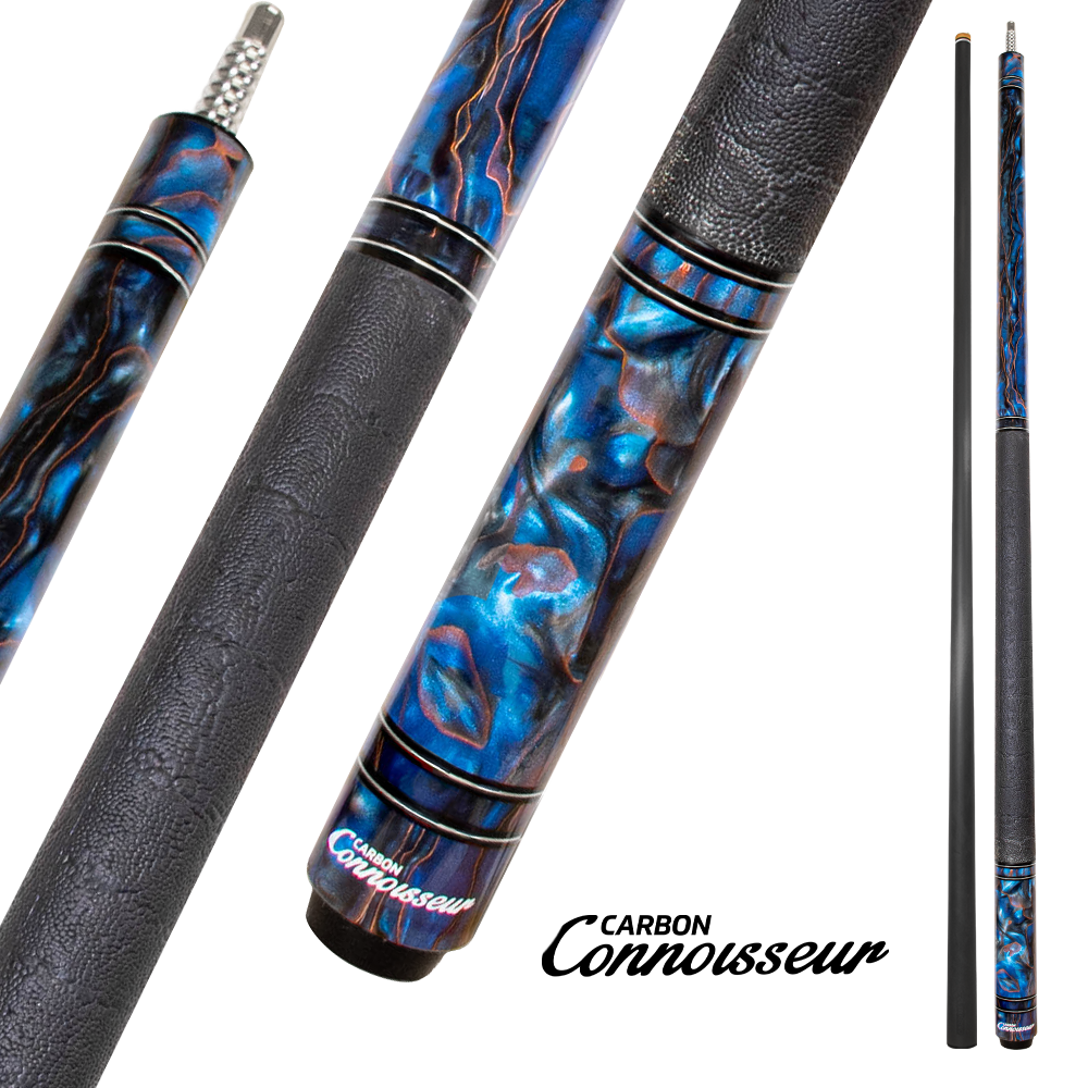 CONNOISSEUR RESIN INDESCENT 2-PIECES CUE - CARBON FIBER SHAFT BLACK/BLUE/GOLD 12.5MM 19OZ