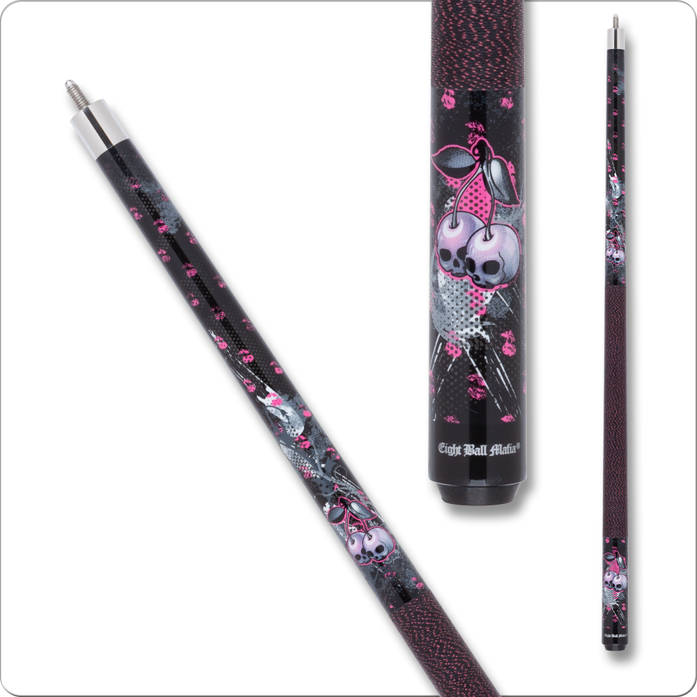 BAGUETTE DE BILLARD EIGHT BALL MAFIA EBM07 CHERRY SKULLS - NOIR ET ROSE - 13 MM