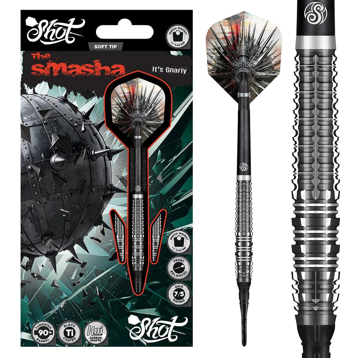 SHOT GNARLY SMASHA SOFT TIP DART SET - 90% TUNGSTEN BARRELS