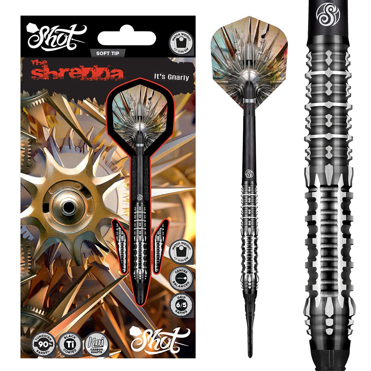 SHOT GNARLY SHREDDA SOFT TIP DART SET - 90% TUNGSTEN DART BARRELS