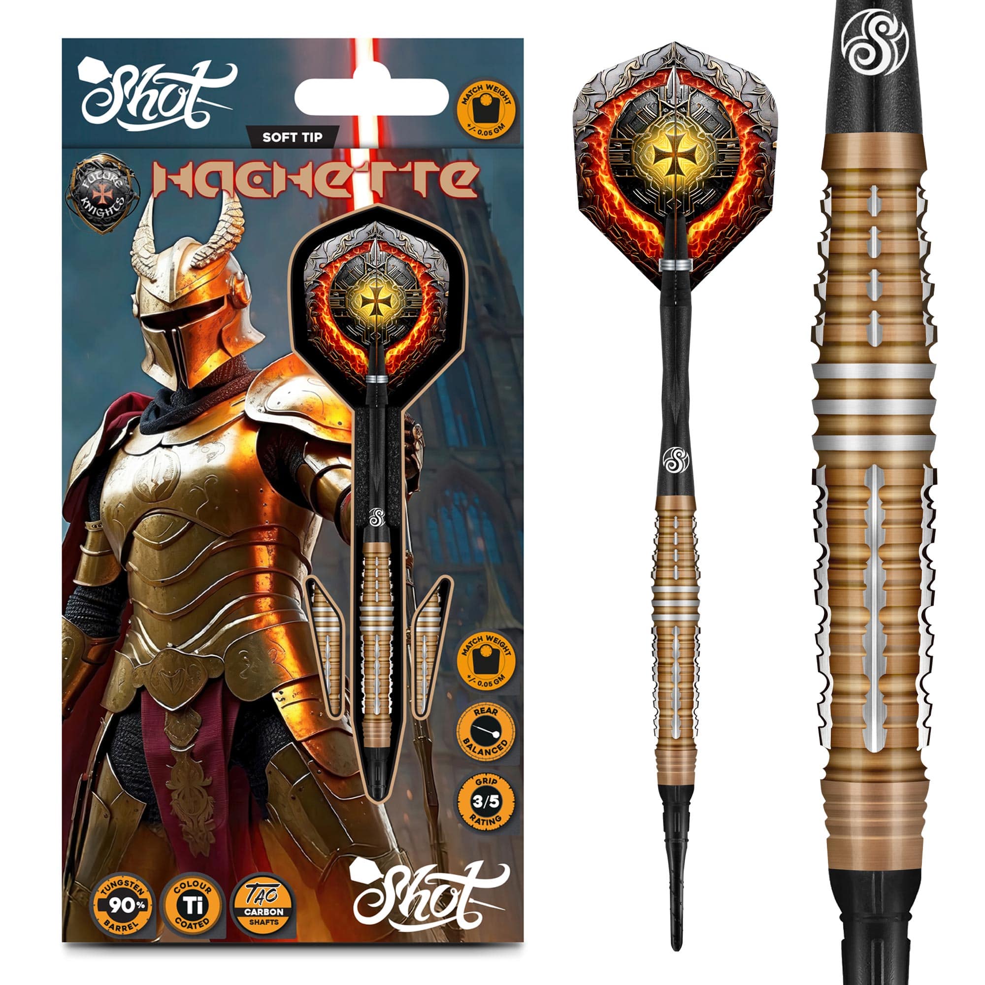 SHOT FUTURE KNIGHTS HACHETTE SOFT TIP DART SET - 90% TUNGSTEN BARRELS