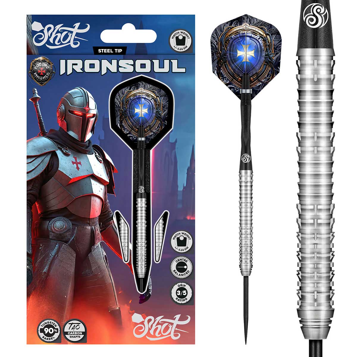 SHOT FUTURE KNIGHTS IRONSOUL STEEL TIP DART SET - 90% TUNGSTEN BARRELS