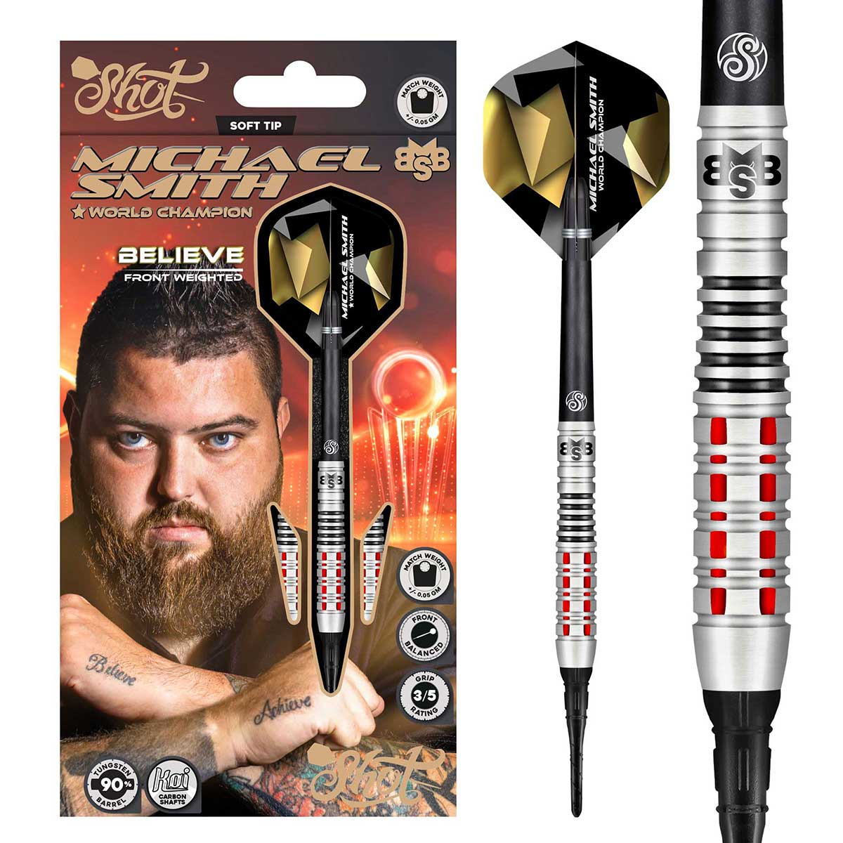 SHOT MICHAEL SMITH BELIEVE SOFT TIP DART SET - 90% TUNGSTEN BARRELS
