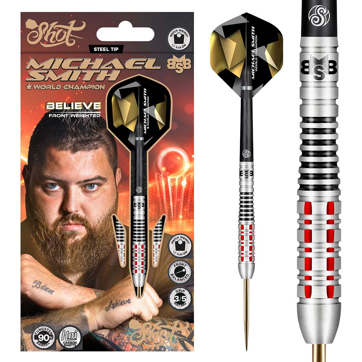 SHOT MICHAEL SMITH BELIEVE STEEL TIP DART SET - 90% TUNGSTEN BARRELS