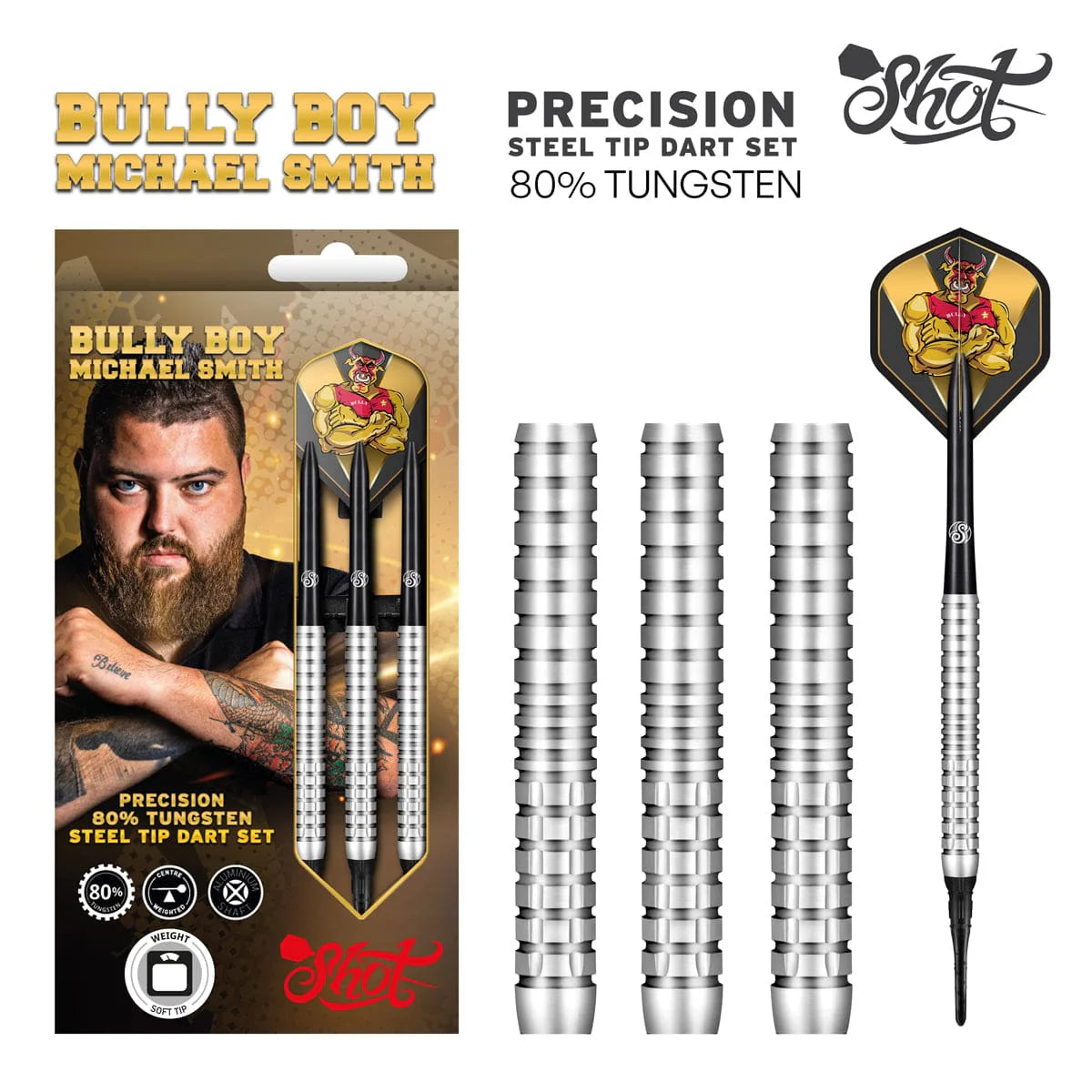 FLÉCHETTES SHOT PRÉCISION DE « BULLY BOY» MICHAEL SMITH POINTE SOUPLE - BARREAUX EN TUNGSTÈNE À 80%