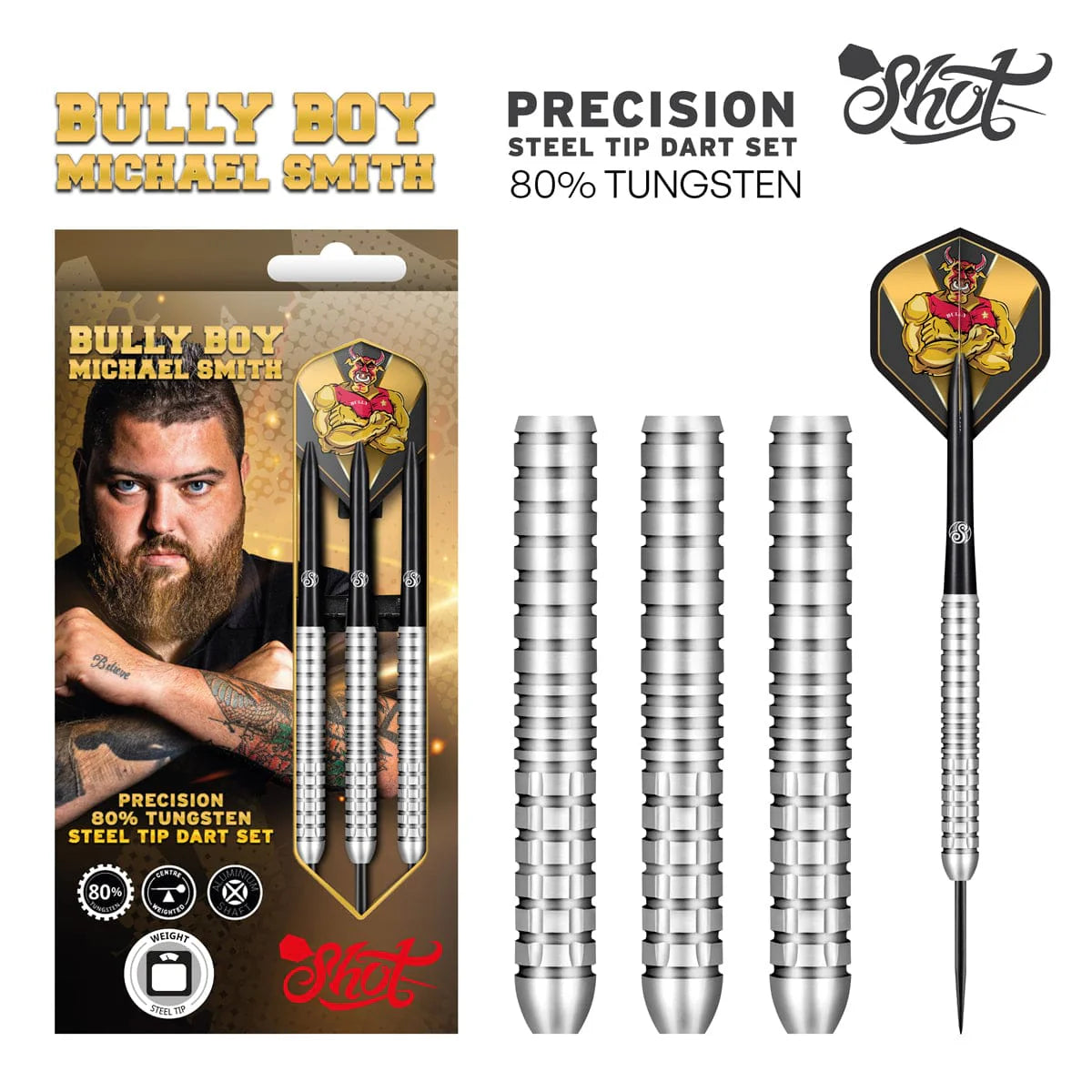 SHOT « BULLY BOY» MICHAEL SMITH PRECISION STEEL TIP DART SET - 80% TUNGSTEN BARRELS