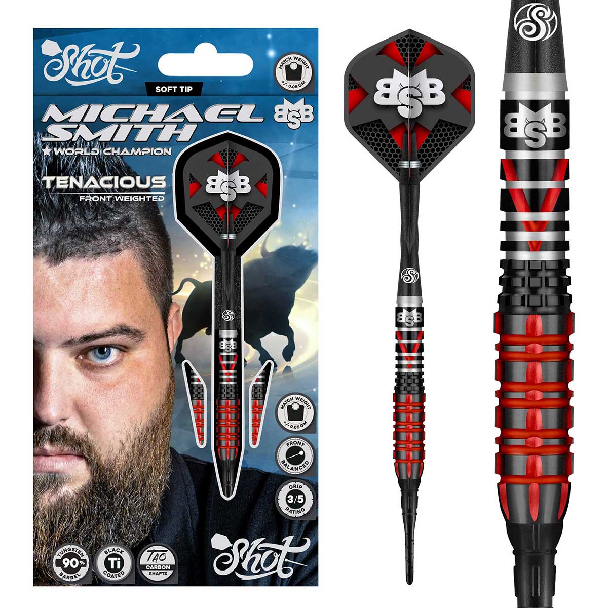 SHOT MICHAEL SMITH TENACIOUS SOFT TIP DART SET - 90% TUNGSTEN BARRELS