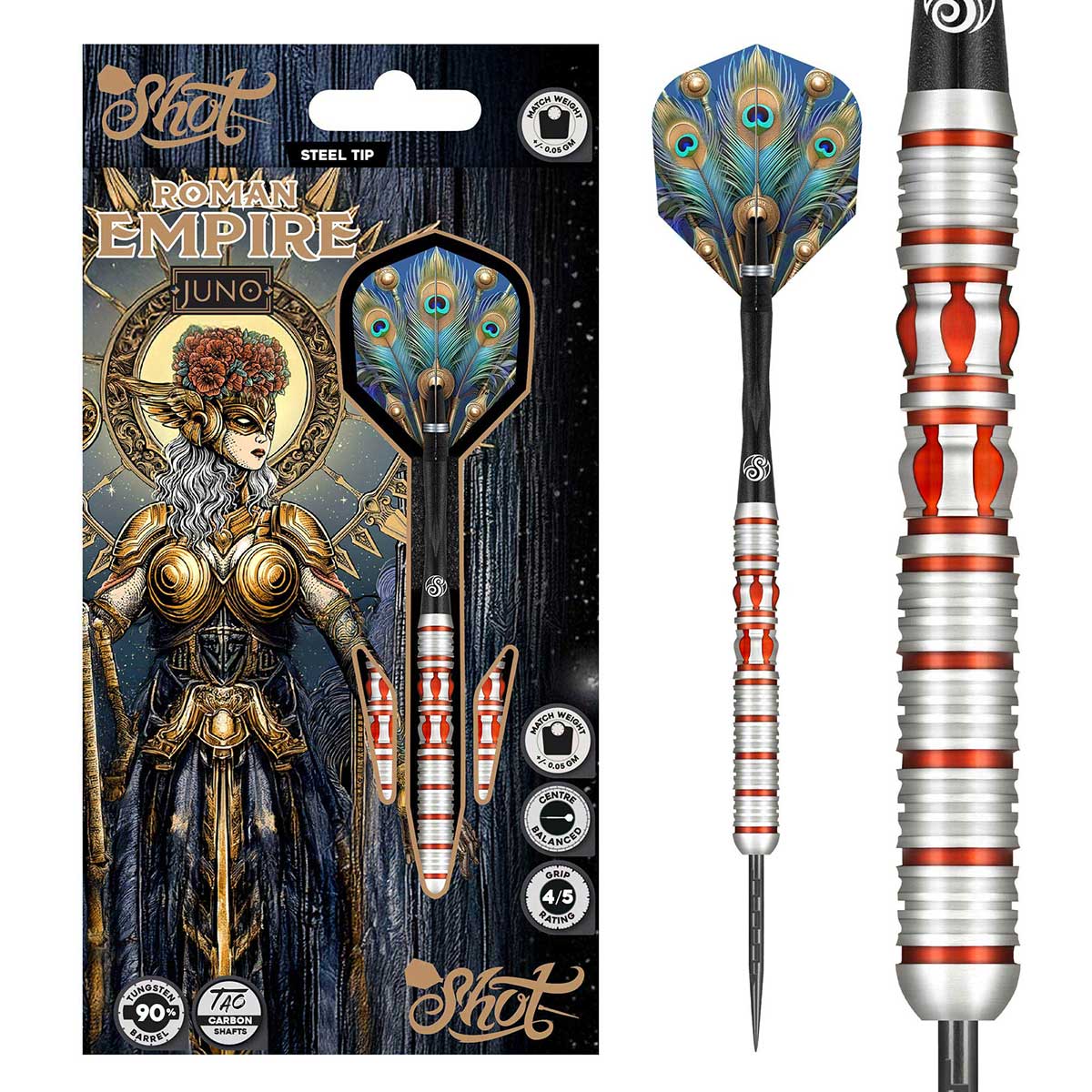 SHOT ROMAN EMPIRE JUNO STEEL TIP DART SET - 90% TUNGSTEN BARRELS