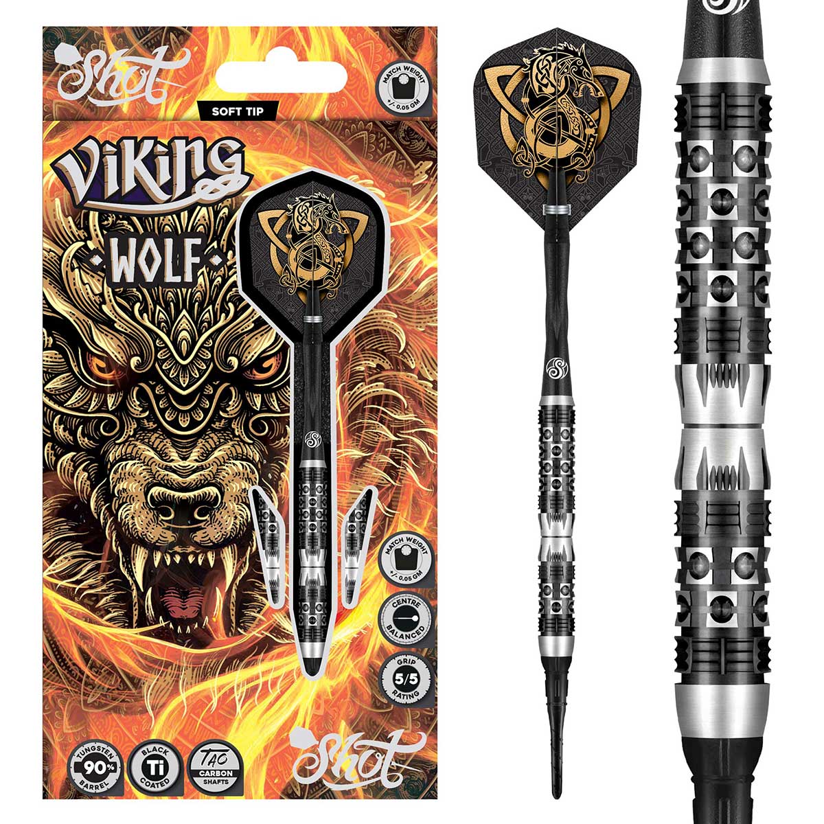 SHOT VIKING WOLF SOFT TIP DART SET - 90% TUNGSTEN BARRELS