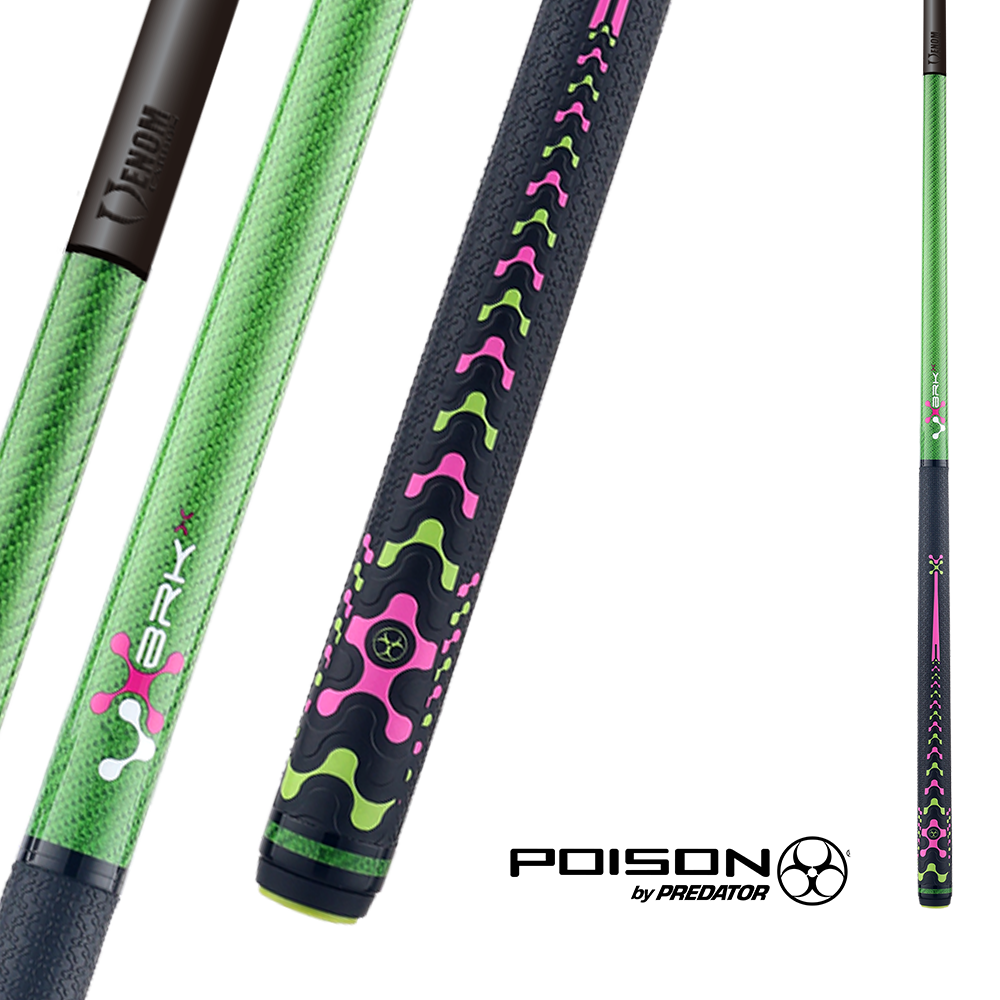 POISON VX BREAK/JUMP CUE WITH VENOM CARBON FIBER SHAFT - GREEN/PINK - TRI-COLOR GTX PATTERN WRAP 13MM 19OZ