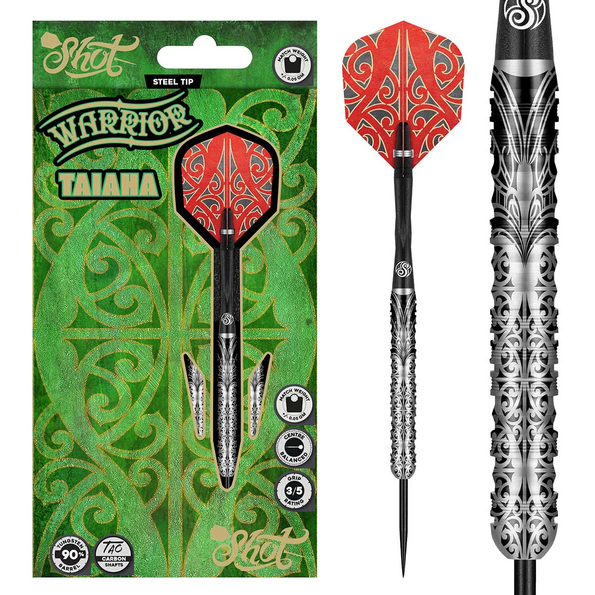 SHOT WARRIOR TAIAHA STEEL TIP DART SET - 90%TUNGSTEN BARRELS