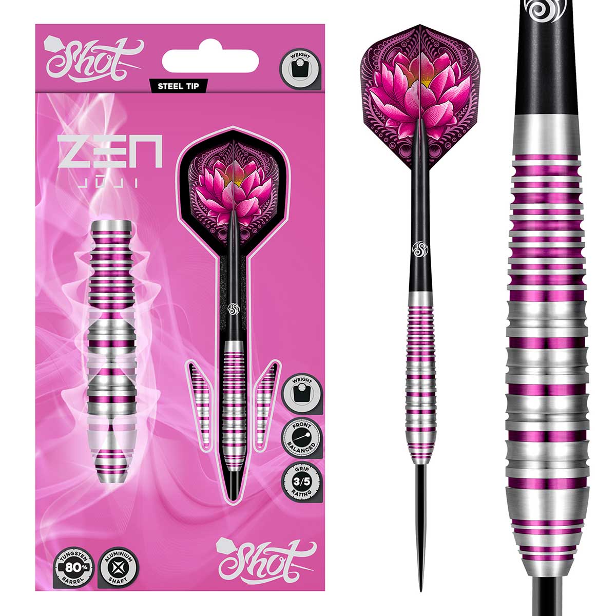 SHOT ZEN JUJI STEEL TIP DART SET - 80% TUNGSTEN BARRELS