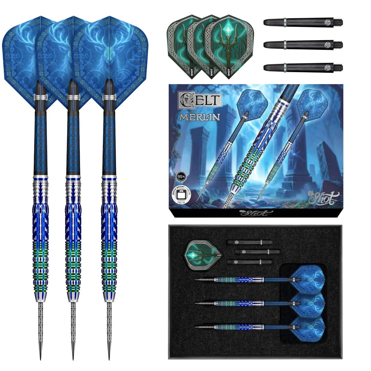SHOT CELT MERLIN STEEL TIP DART SET - 95% TUNGSTEN BARRELS