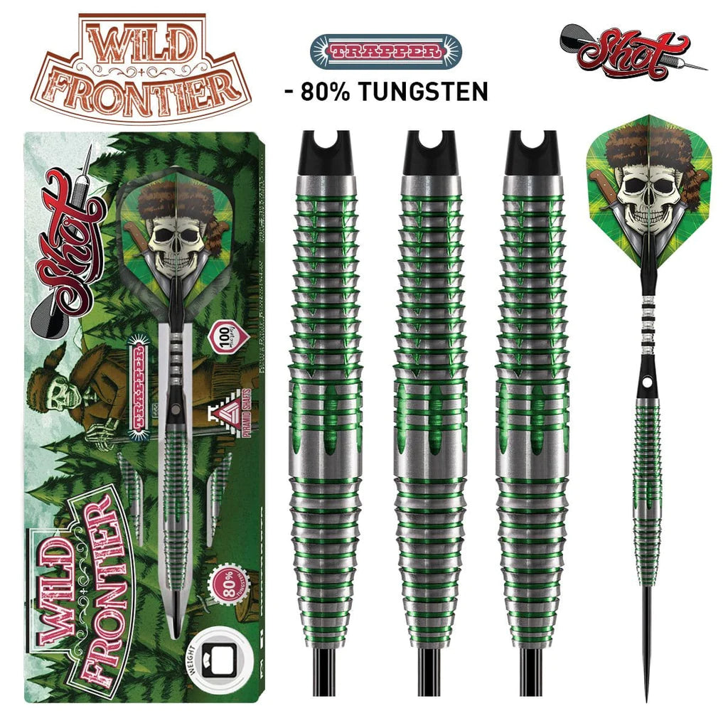 WILD FRONTIER TRAPPER STEEL TIP DART SET-80% TUNGSTEN BARRELS